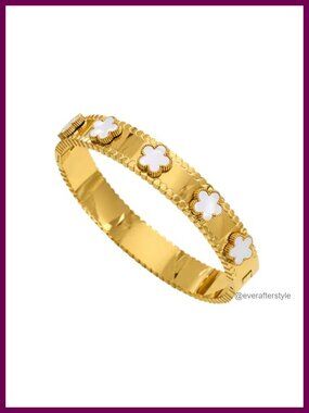 18K Gold Plated Stainless Steel Four Leaf Clover Cuff Bracelet Waterproof